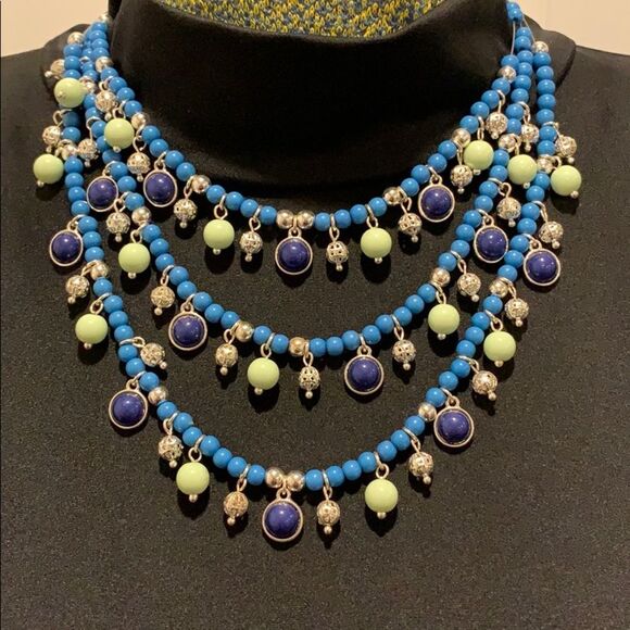 ✨ Bold & Beautiful Triple Strand Necklace – Blue, Green & Metallic Sparkle - Picture 2 of 4